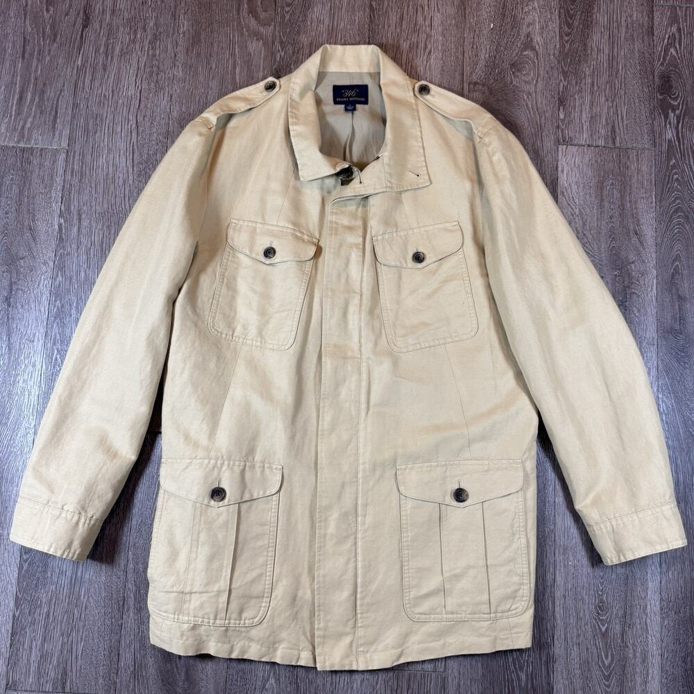 Brooks Brothers Safari Shooting Norfolk Field Khaki LINEN COTTON Coat Jacket L